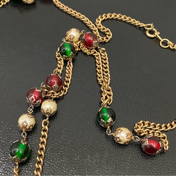 Handmade Red Green Beads Faux Pearl Gold-tone Long Chain Necklace - Picture 8 of 13